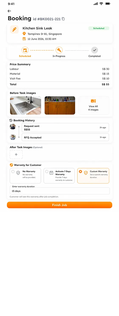 Job completion and warranty selection screen